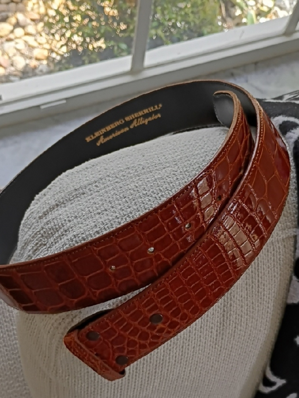 KLEINBERG SHERRILL Cognac Brown Crocodile Leather Belt